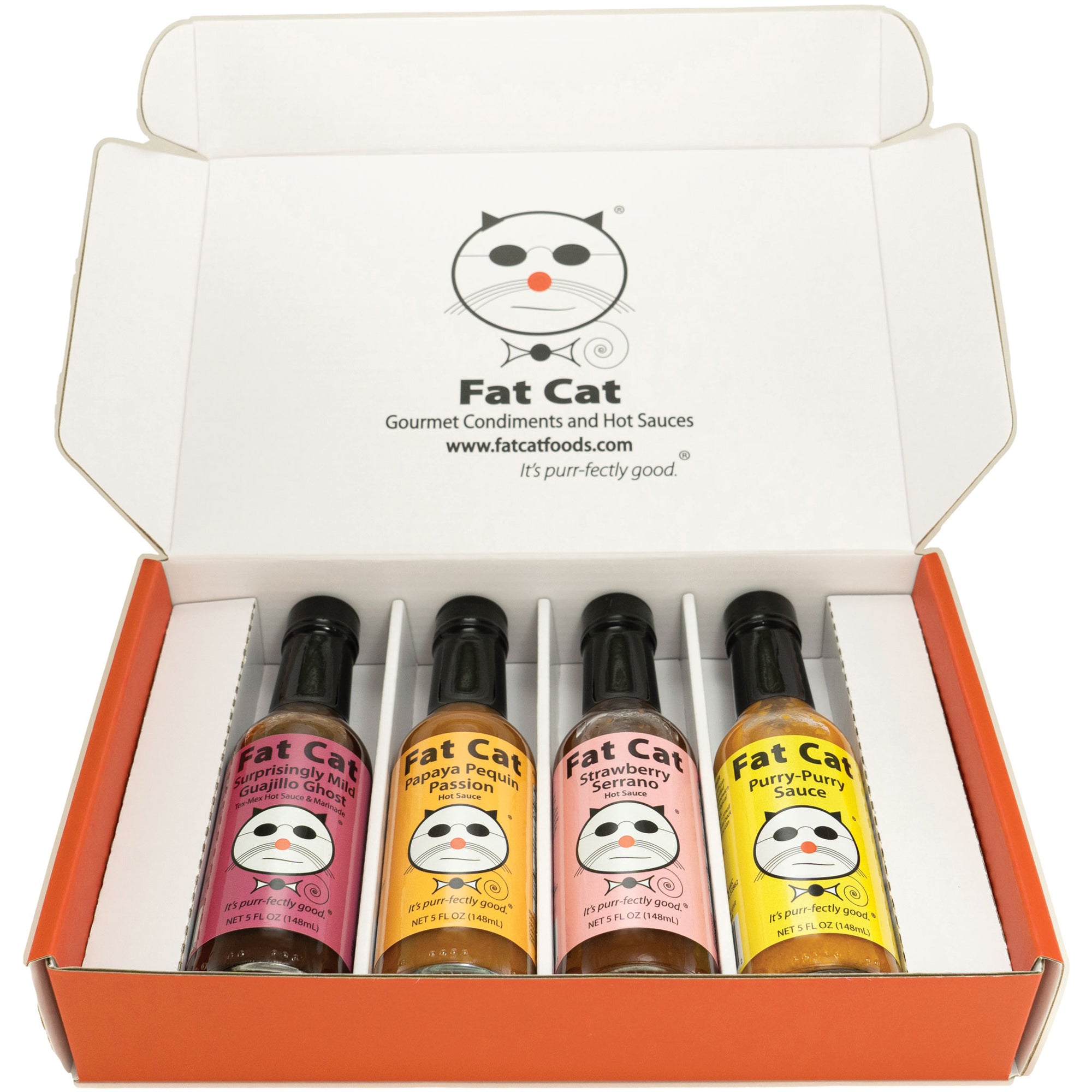 Mild Heat Four Bottle Hot Sauce Gift Box - Fat Cat Gourmet Hot Sauce & Specialty Condiments