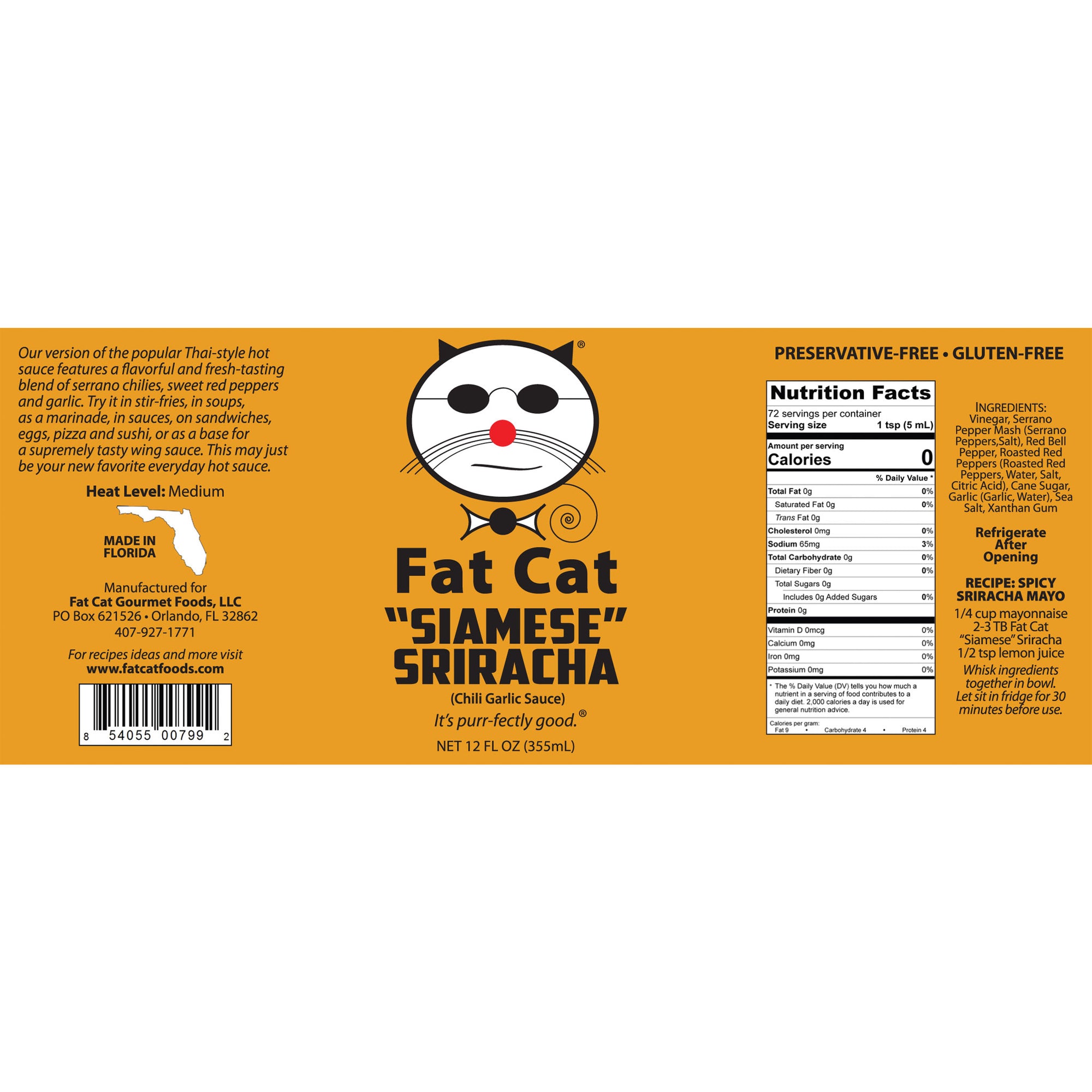 Siamese Sriracha Chili Garlic Sauce (Preservative Free) - Fat Cat Gourmet Hot Sauce & Specialty Condiments